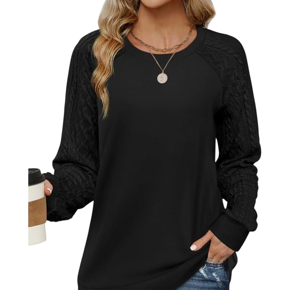 Black XL Crewneck Sweater With Textured Knit Sleeves Polyester‎ Blend